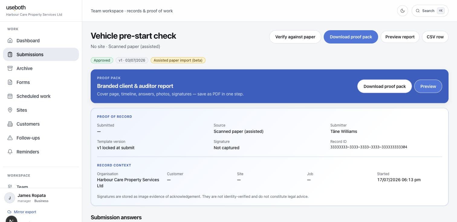 The real PaperRelay paper-assisted record screen showing a vehicle pre-start check